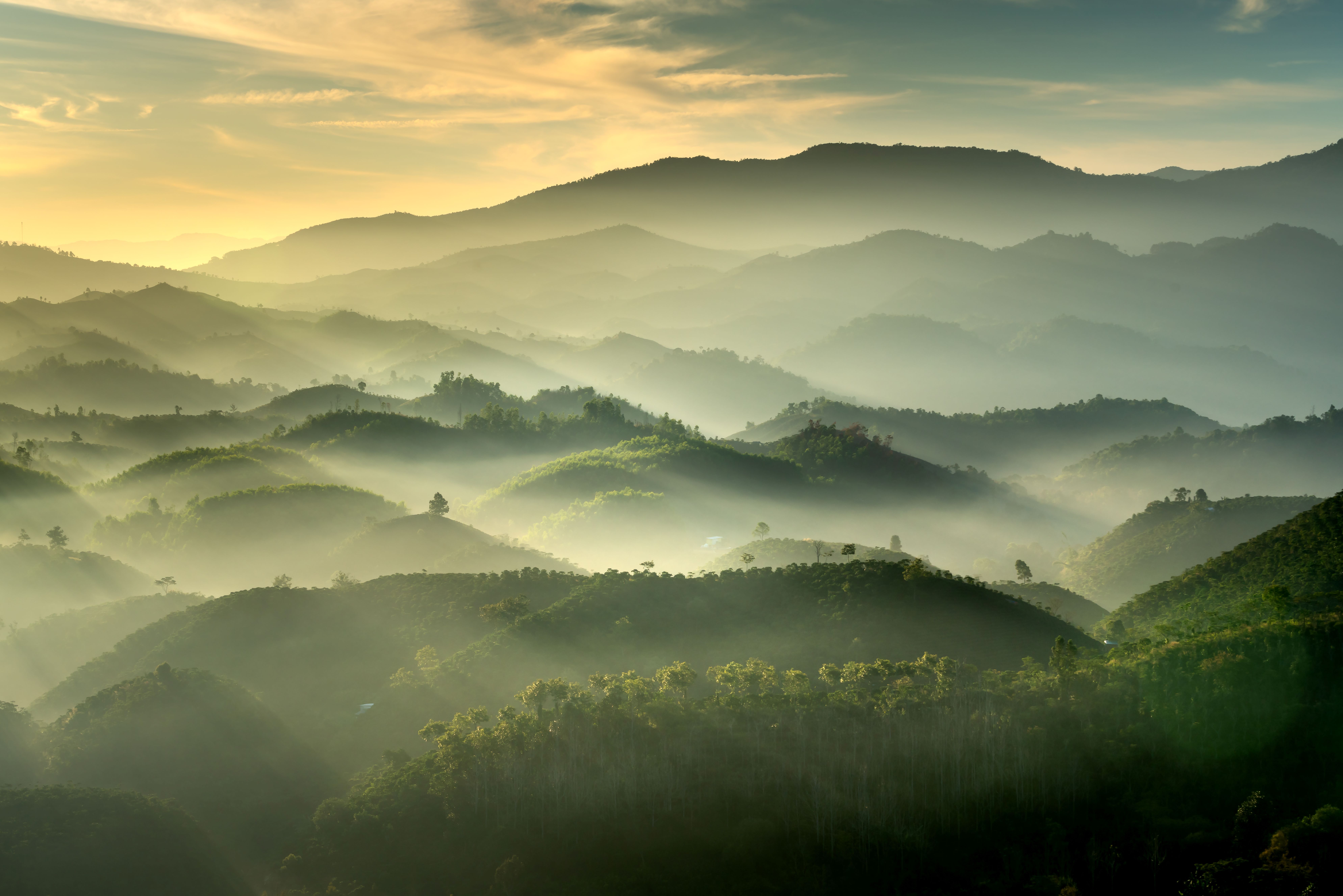 Light on misty hills in Vietnam
